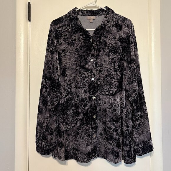 J. Jill Womens Silk-Blend Velvet Lace Button-Front Shirt Top Blouse L Black/Gray - Picture 1 of 9